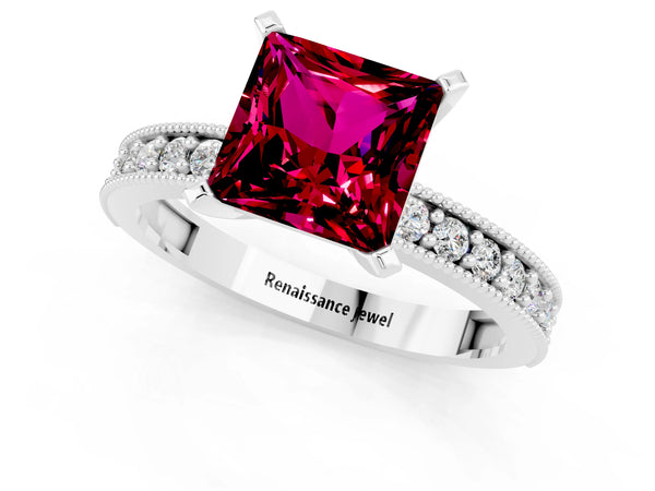 Platinum Princess Cut Garnet Milgrain Pavé Engagement Ring with Four-Prong Setting