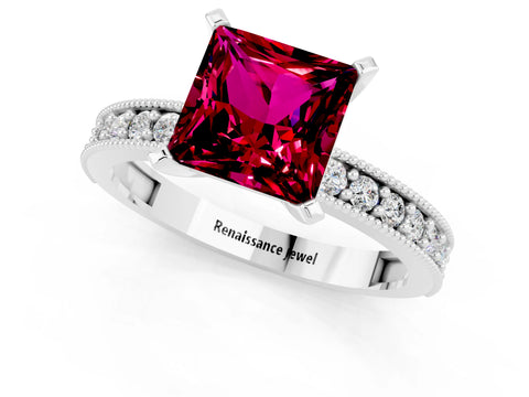 White gold Princess Cut Garnet Milgrain Pavé Engagement Ring with Four-Prong Setting_13