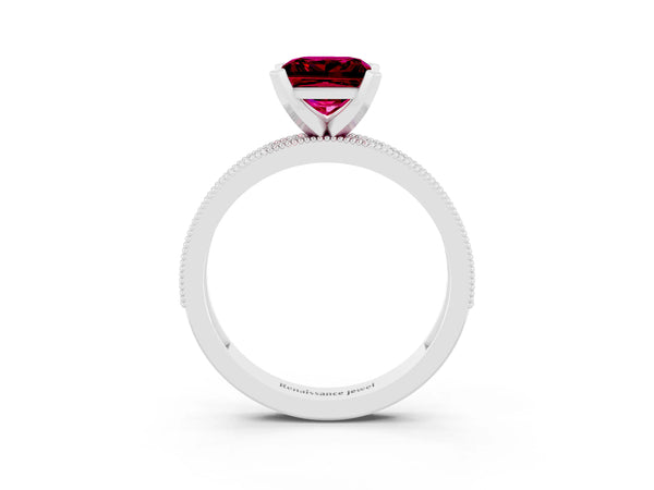 White gold Princess Cut Garnet Milgrain Pavé Engagement Ring with Four-Prong Setting