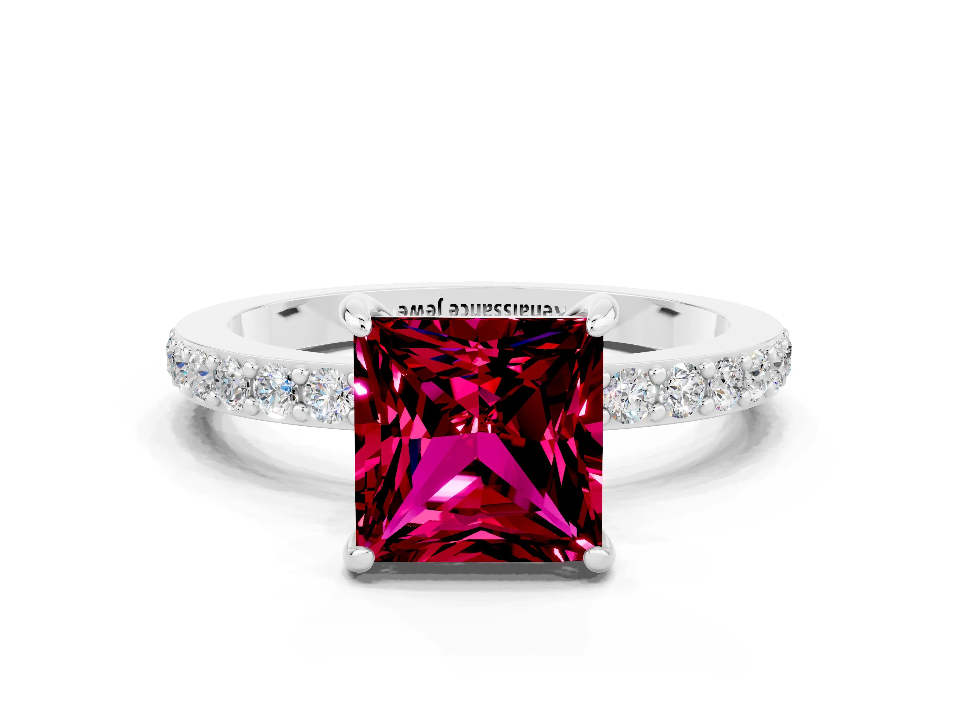 White gold Princess Cut Garnet Pavé Engagement Ring with Round  Accents and Prong Setting_12