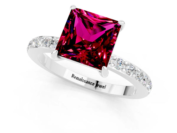 Silver Princess Cut Garnet Pavé Engagement Ring with Round  Accents and Prong Setting