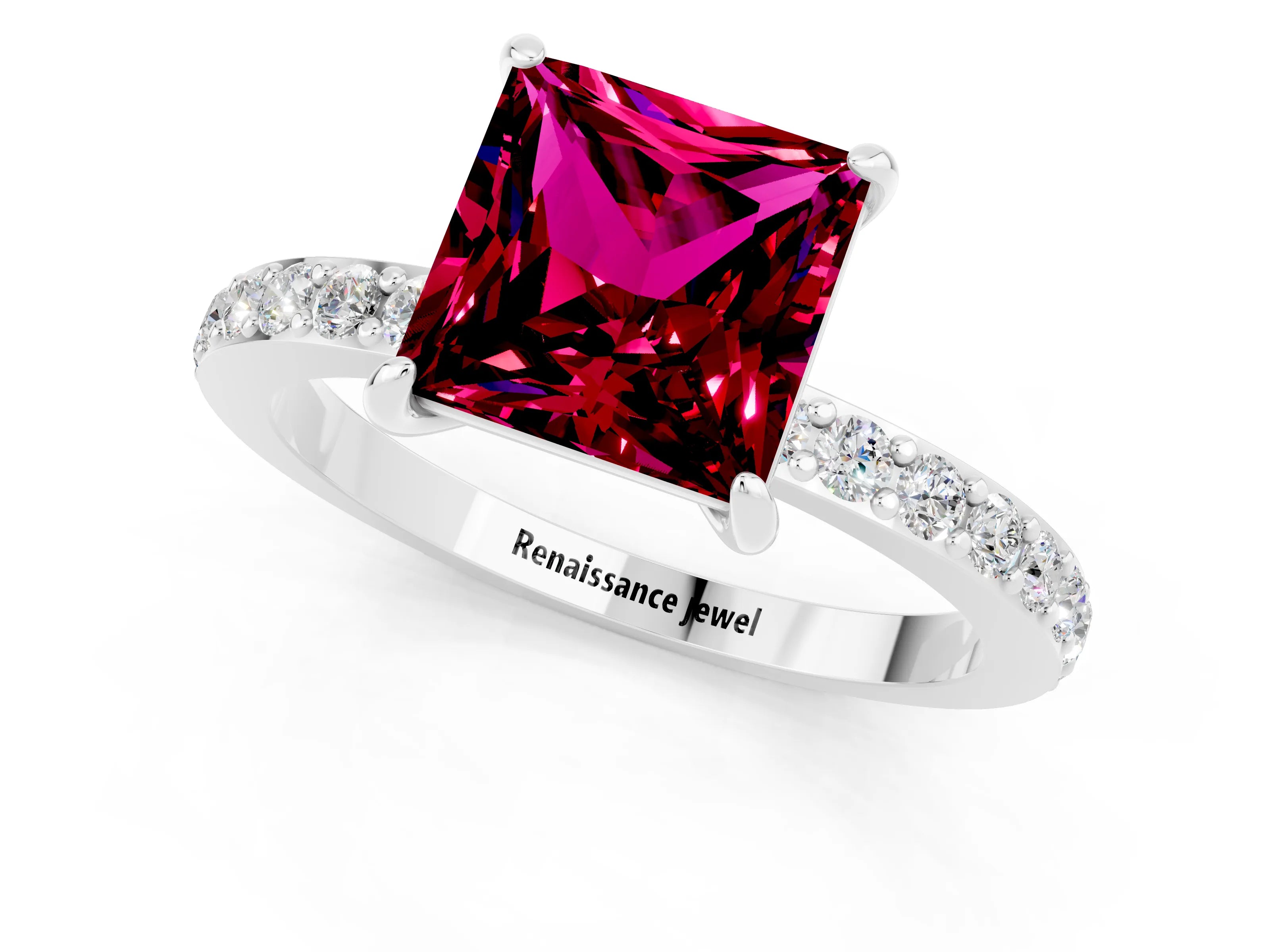 White gold Princess Cut Garnet Pavé Engagement Ring with Round  Accents and Prong Setting_13