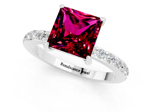 White gold Princess Cut Garnet Pavé Engagement Ring with Round  Accents and Prong Setting_13