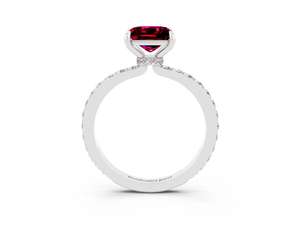 Platinum Princess Cut Garnet Pavé Engagement Ring with Round  Accents and Prong Setting