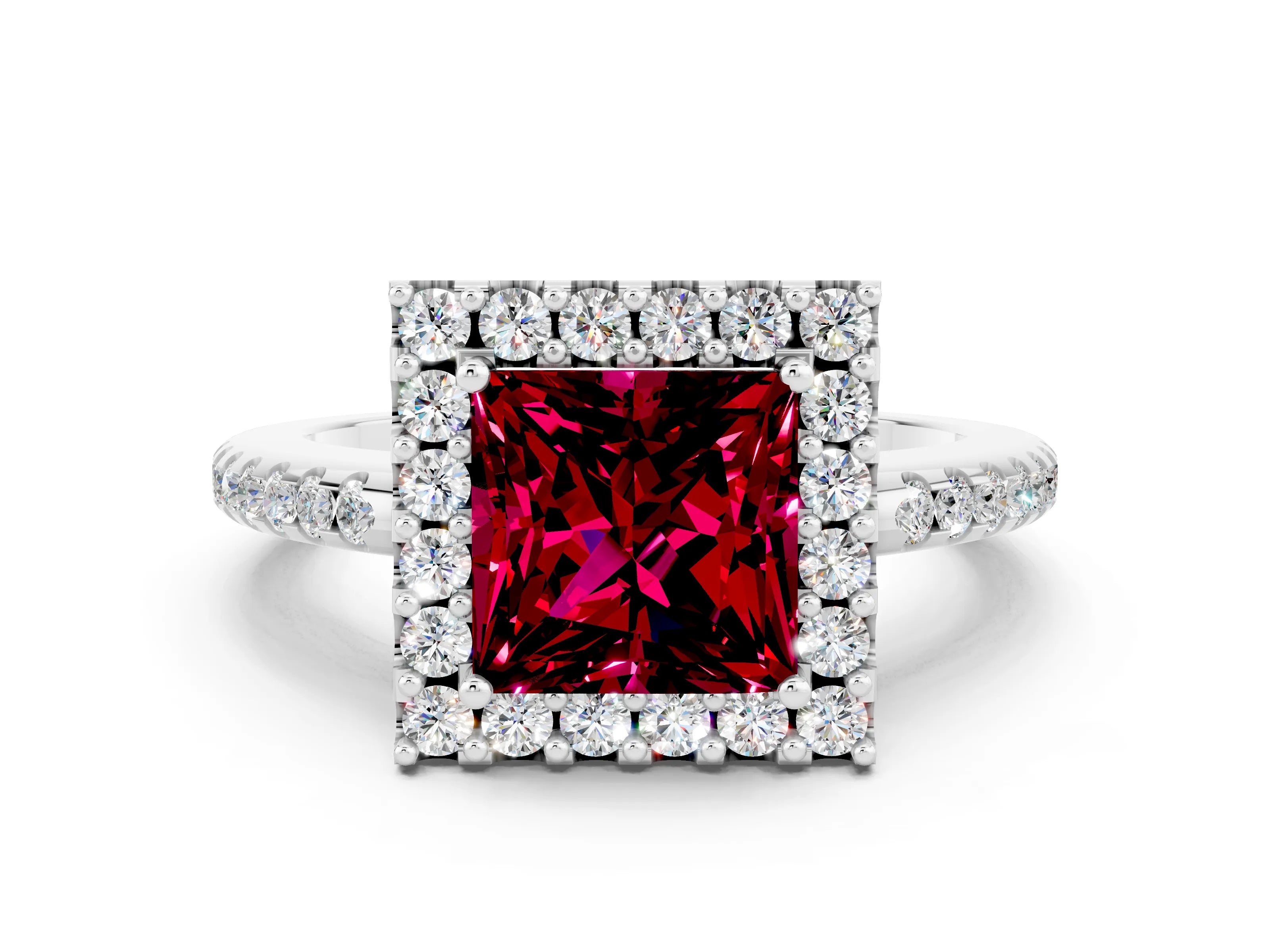 White gold Princess Cut Garnet Pavé Halo Ring with Four-Prong Setting_12