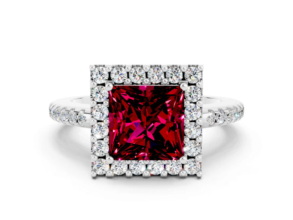 Platinum Princess Cut Garnet Pavé Halo Ring with Four-Prong Setting