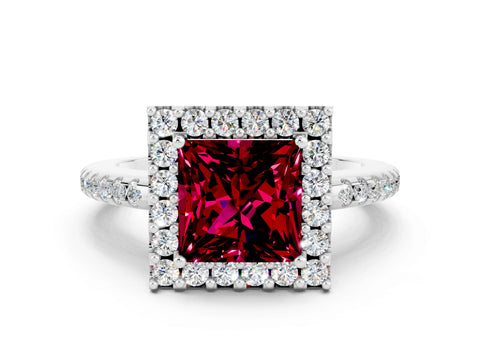 White gold Princess Cut Garnet Pavé Halo Ring with Four-Prong Setting_12