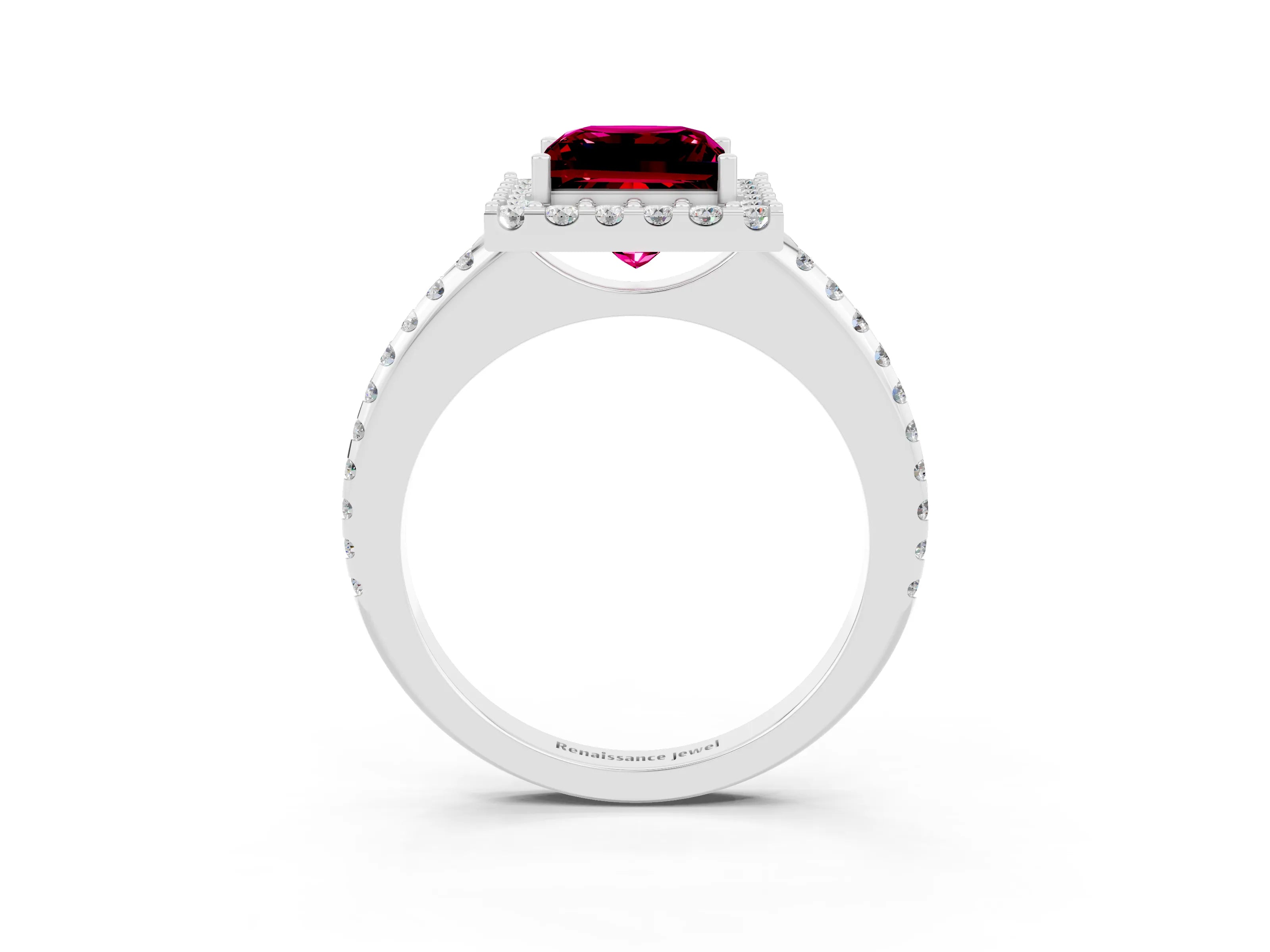 White gold Princess Cut Garnet Pavé Halo Ring with Four-Prong Setting_15