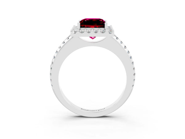 White gold Princess Cut Garnet Pavé Halo Ring with Four-Prong Setting