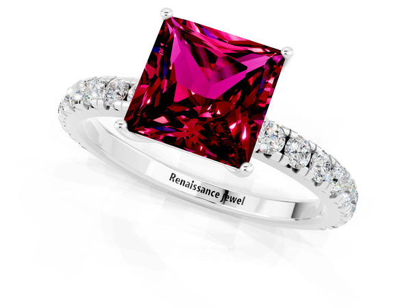 Platinum Princess Cut Garnet Pavé Solitaire Engagement Ring with Four-Prong Setting