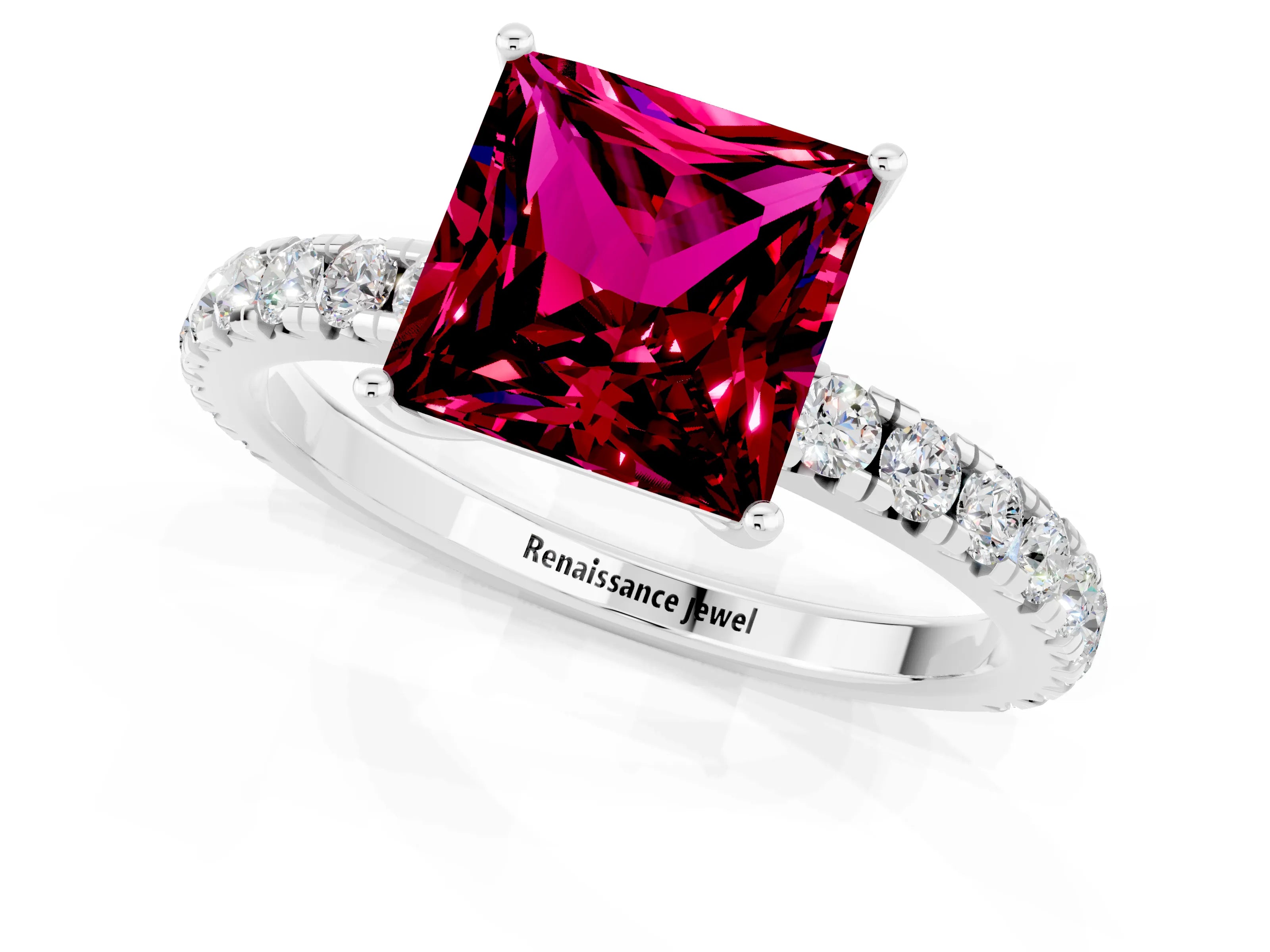 White gold Princess Cut Garnet Pavé Solitaire Engagement Ring with Four-Prong Setting_13