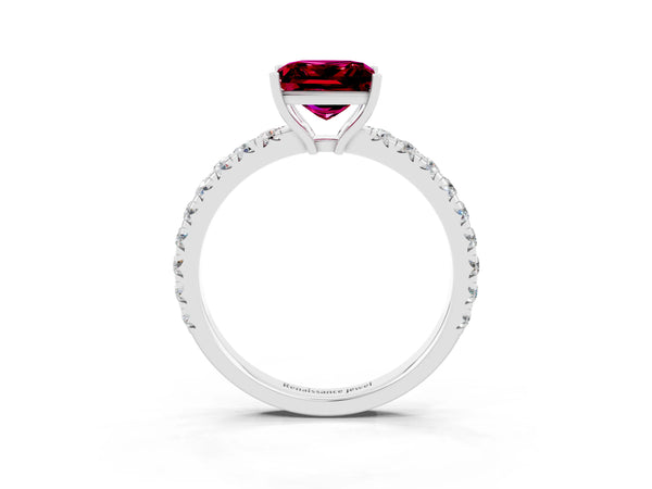 Silver Princess Cut Garnet Pavé Solitaire Engagement Ring with Four-Prong Setting