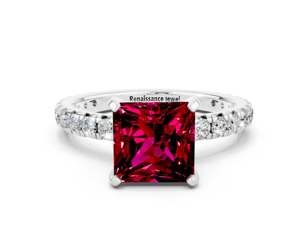 White gold Princess Cut Garnet Pavé Solitaire Ring with Round Band and Prong Setting