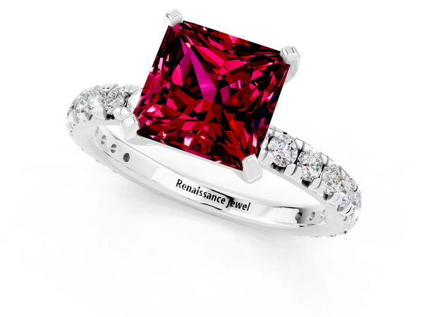 Silver Princess Cut Garnet Pavé Solitaire Ring with Round Band and Prong Setting