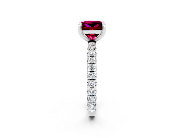 Platinum Princess Cut Garnet Pavé Solitaire Ring with Round Band and Prong Setting