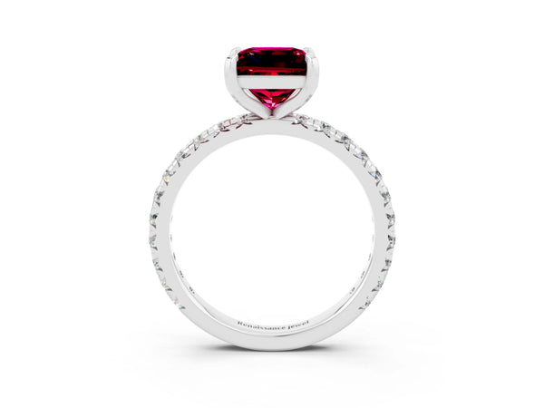 Platinum Princess Cut Garnet Pavé Solitaire Ring with Round Band and Prong Setting