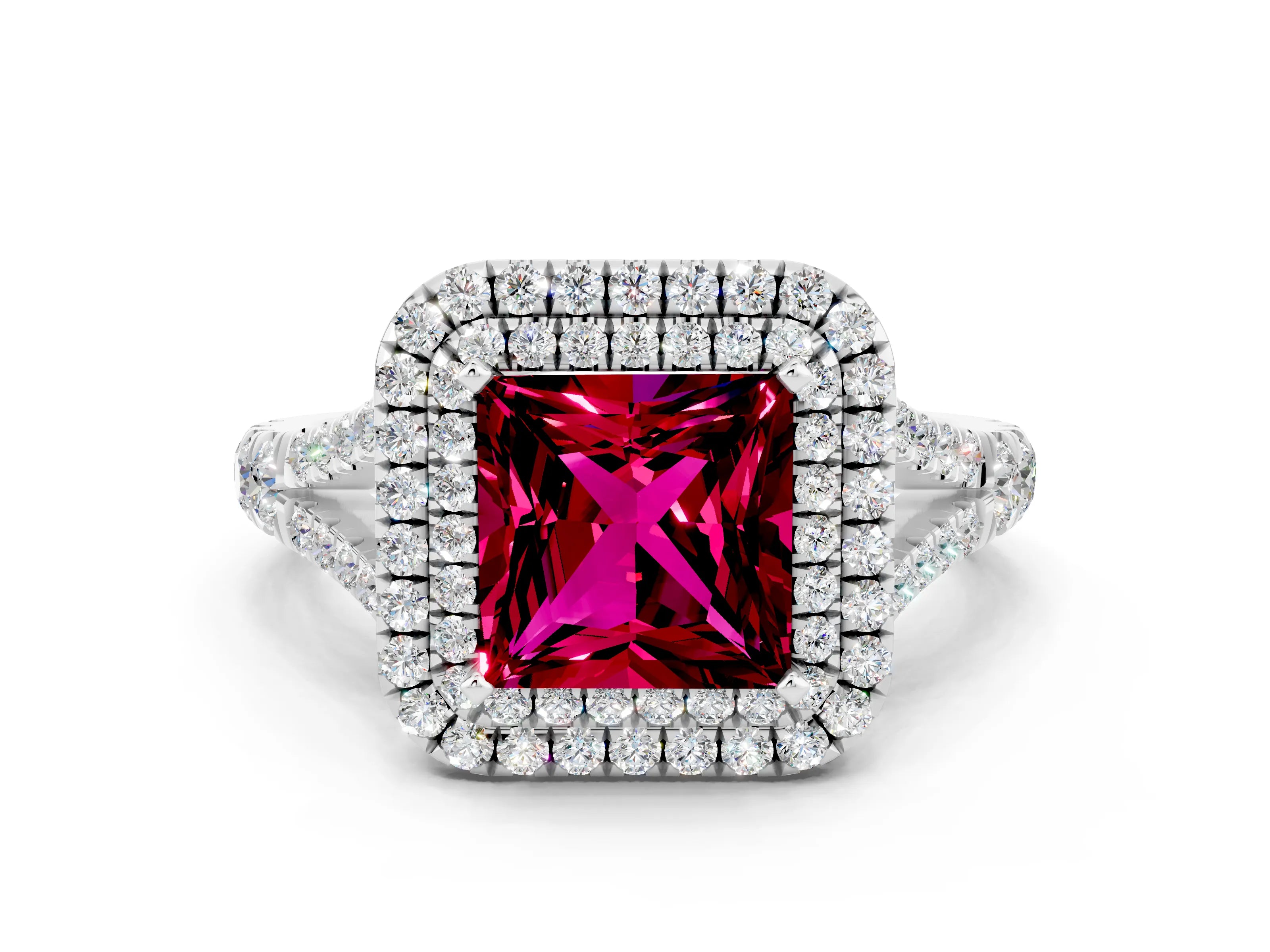 White gold Princess Cut Garnet Pavé Split Shank Double Halo Engagement Ring