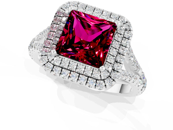 Platinum Princess Cut Garnet Pavé Split Shank Double Halo Engagement Ring