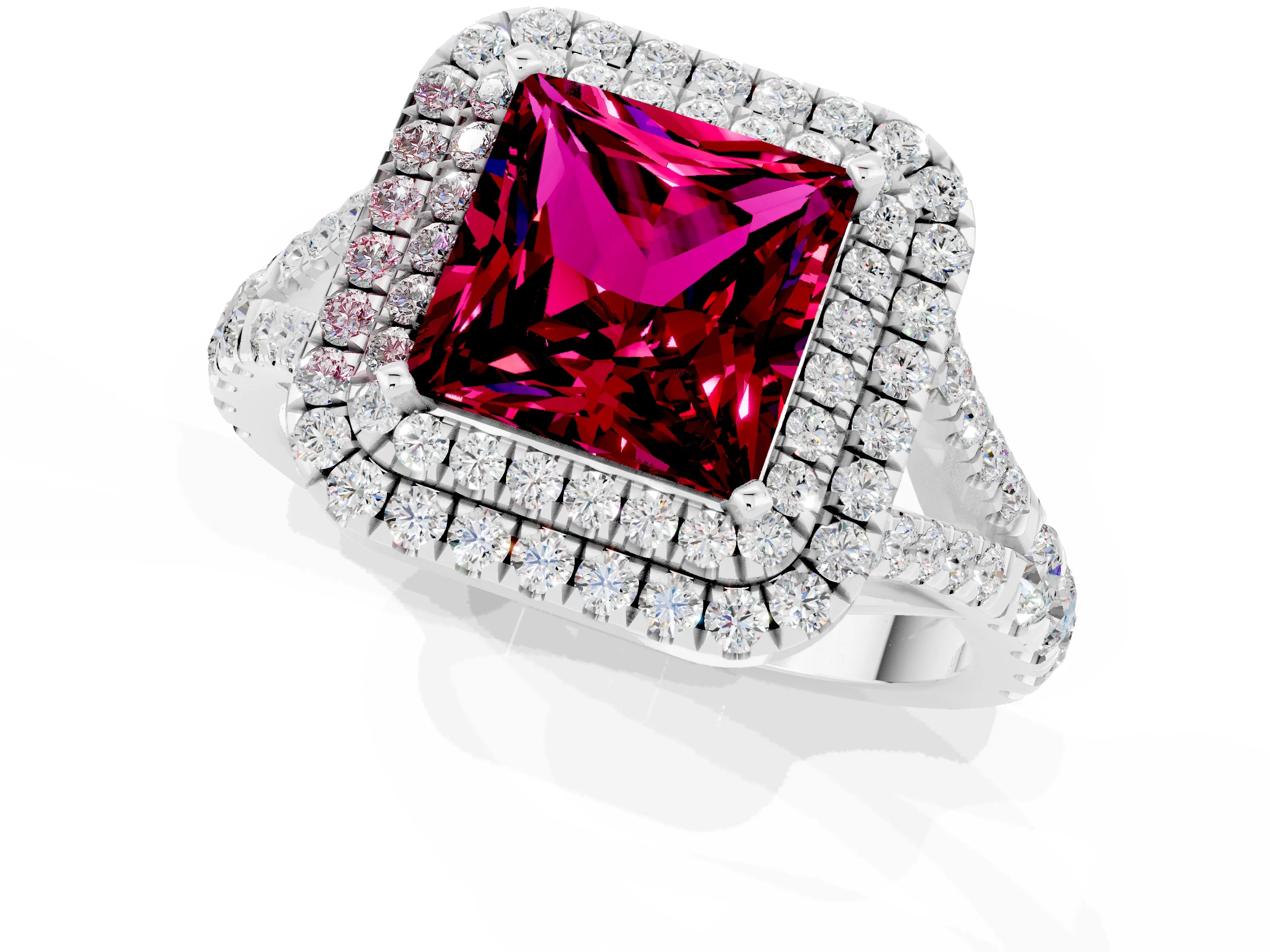 White gold Princess Cut Garnet Pavé Split Shank Double Halo Engagement Ring_1