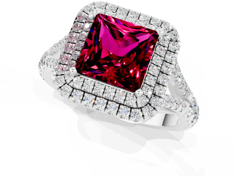 White gold Princess Cut Garnet Pavé Split Shank Double Halo Engagement Ring_1