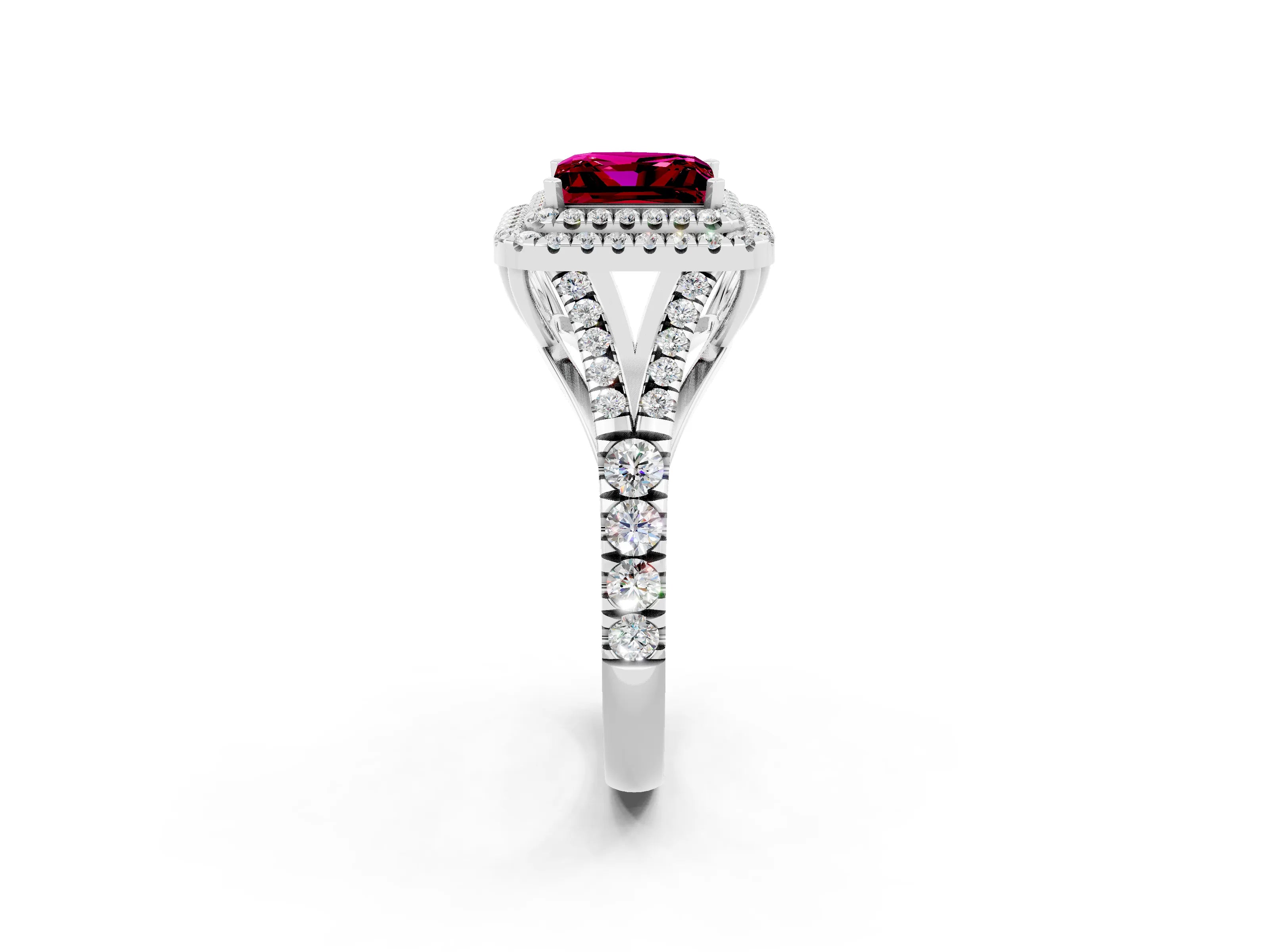 White gold Princess Cut Garnet Pavé Split Shank Double Halo Engagement Ring_2