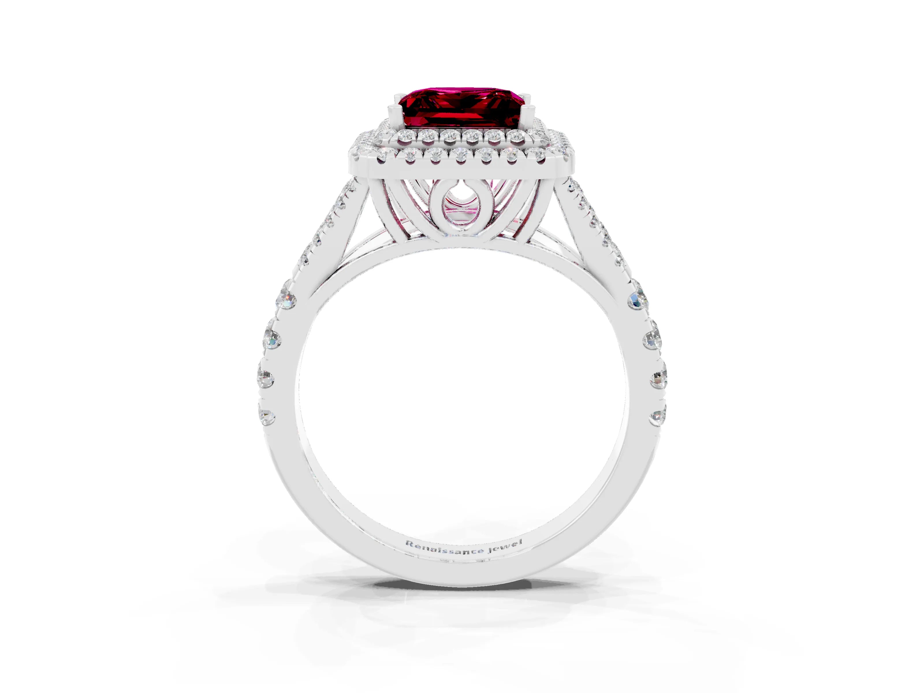 White gold Princess Cut Garnet Pavé Split Shank Double Halo Engagement Ring_3