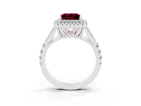 White gold Princess Cut Garnet Pavé Split Shank Double Halo Engagement Ring