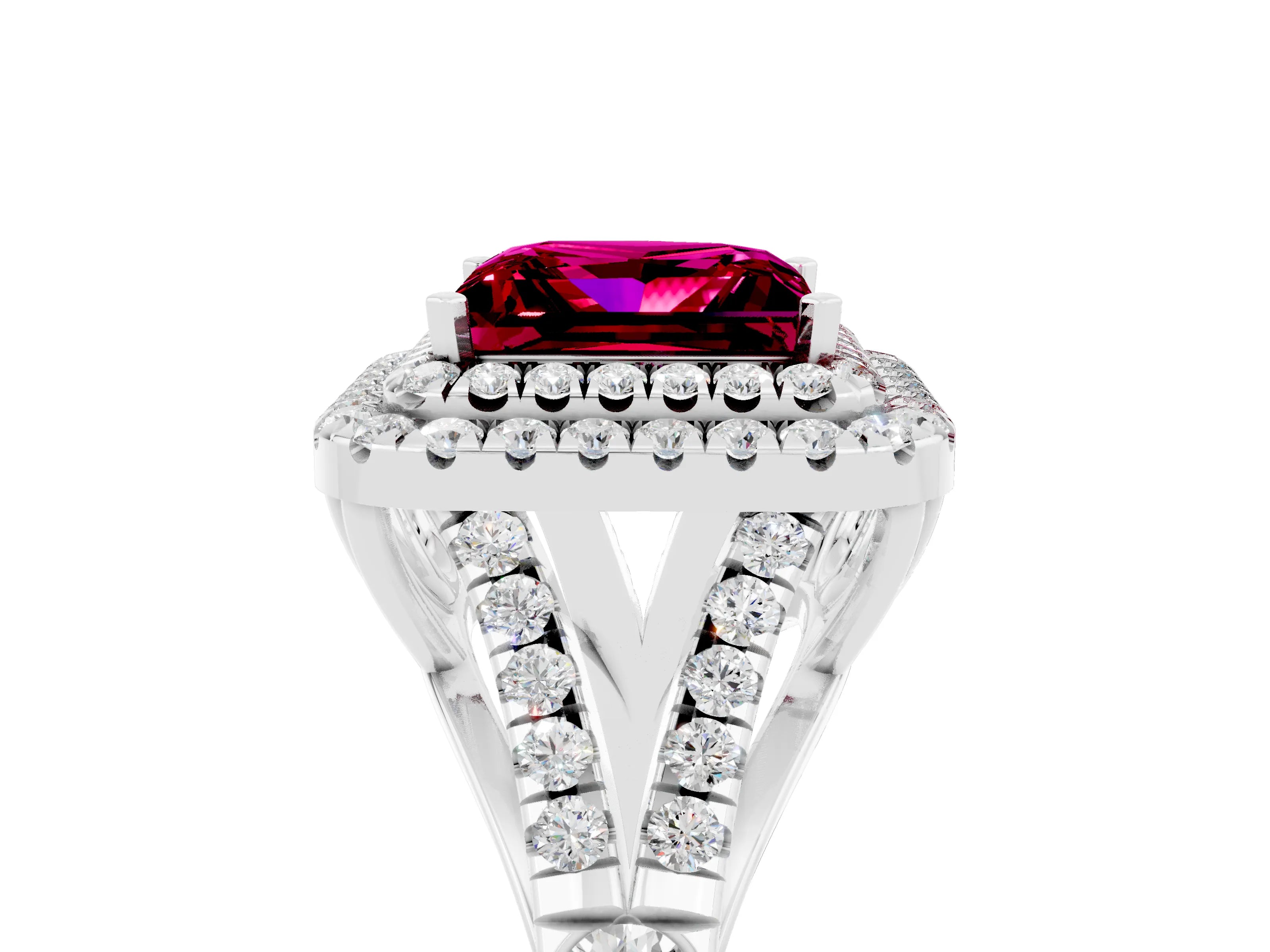 White gold Princess Cut Garnet Pavé Split Shank Double Halo Engagement Ring_5