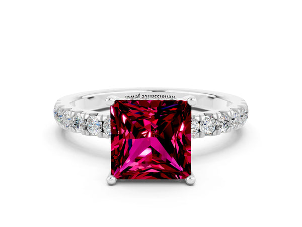 Silver Princess Cut Garnet Pave Band Solitaire Ring with Round  and Prong Setting