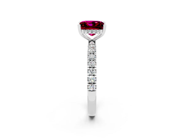 Platinum Princess Cut Garnet Pave Band Solitaire Ring with Round  and Prong Setting