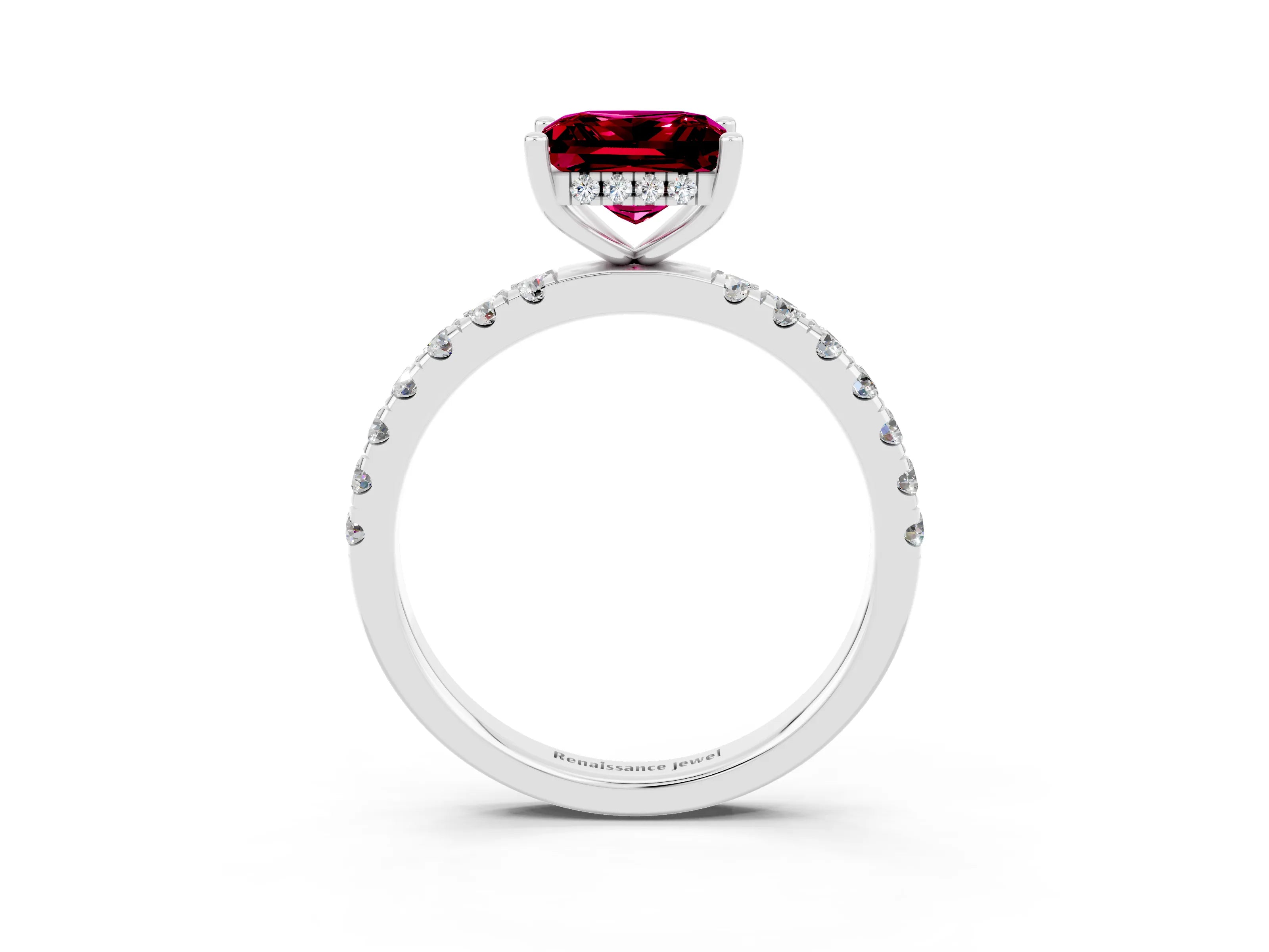 White gold Princess Cut Garnet Pave Band Solitaire Ring with Four-Prong Setting_27