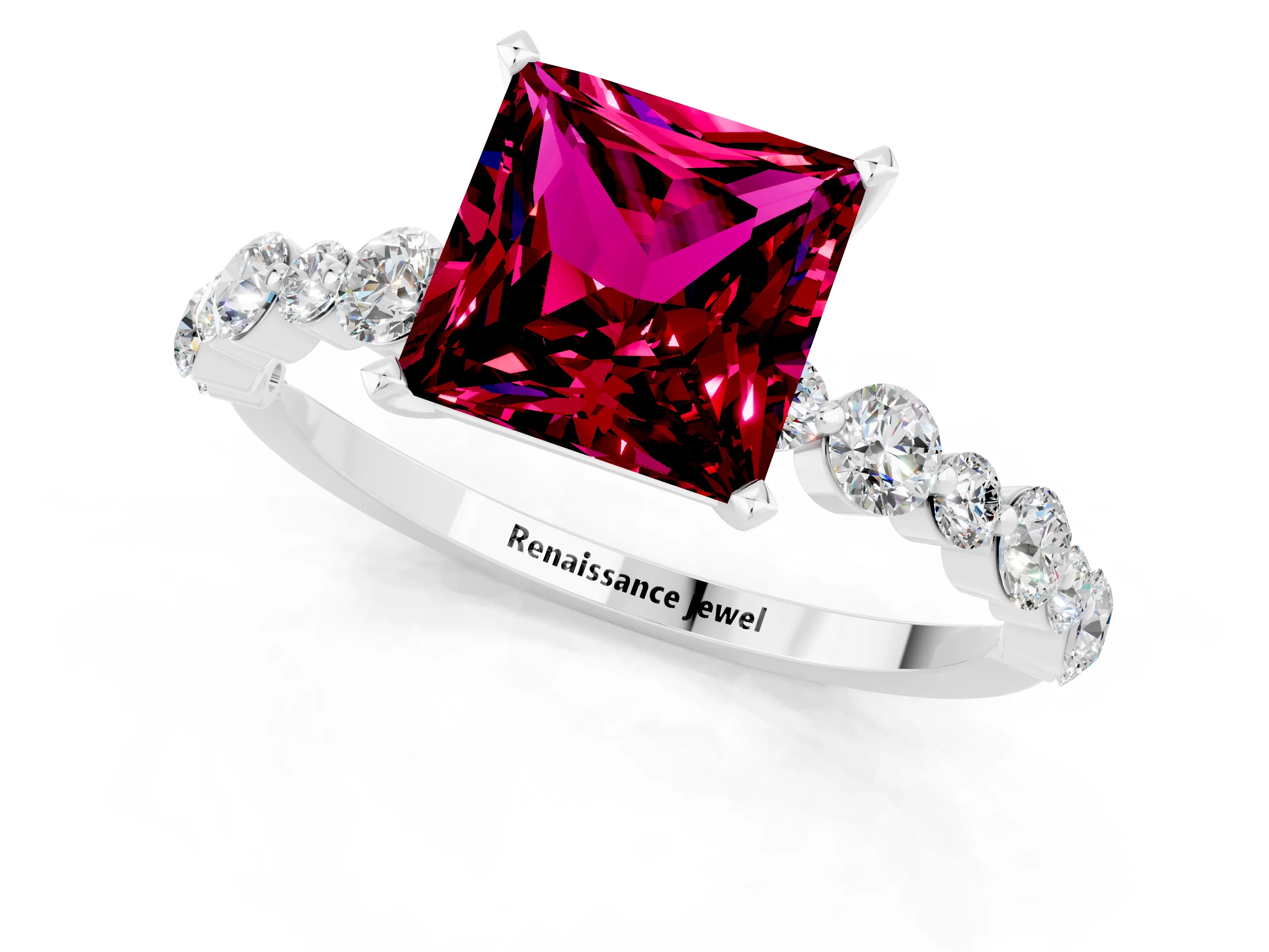White gold Princess Cut Garnet Prong Set Engagement Ring with Pavé Band_1