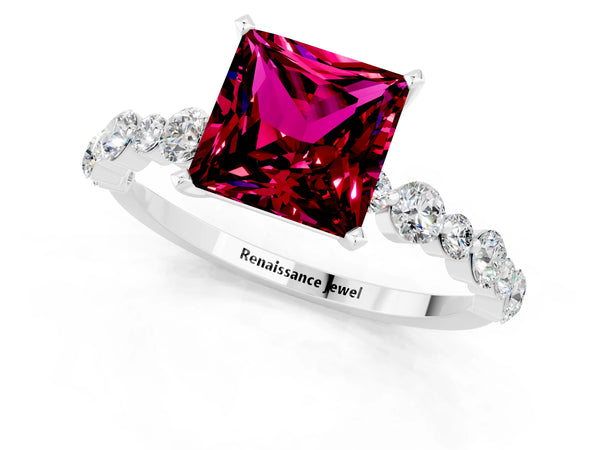 White gold Princess Cut Garnet Prong Set Engagement Ring with Pavé Band