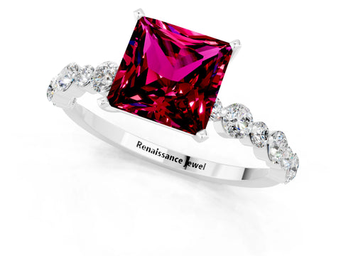 White gold Princess Cut Garnet Prong Set Engagement Ring with Pavé Band_1