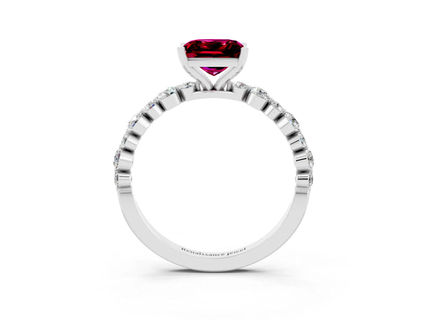 White gold Princess Cut Garnet Prong Set Engagement Ring with Pavé Band