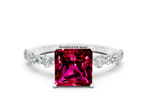 White gold Princess Cut Garnet Prong Set Engagement Ring with Pavé Band