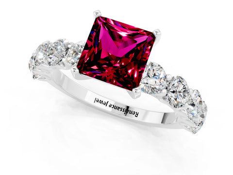White gold Princess Cut Garnet Prong Setting with Side Stones on a Pave Band_1