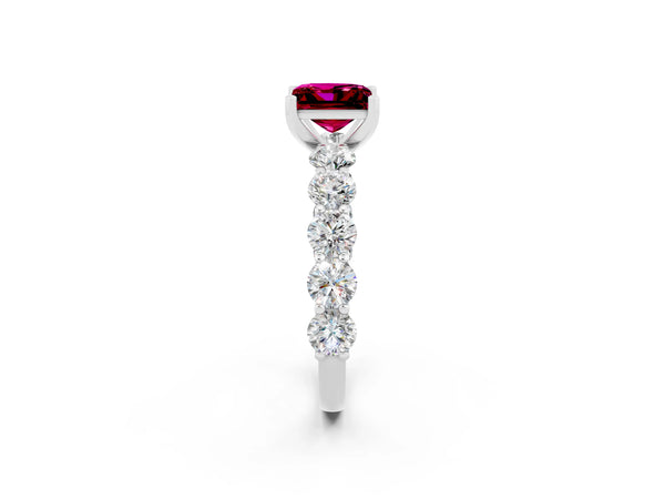 Platinum Princess Cut Garnet Prong Setting with Side Stones on a Pave Band