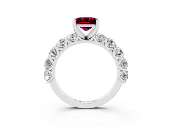 Silver Princess Cut Garnet Prong Setting with Side Stones on a Pave Band