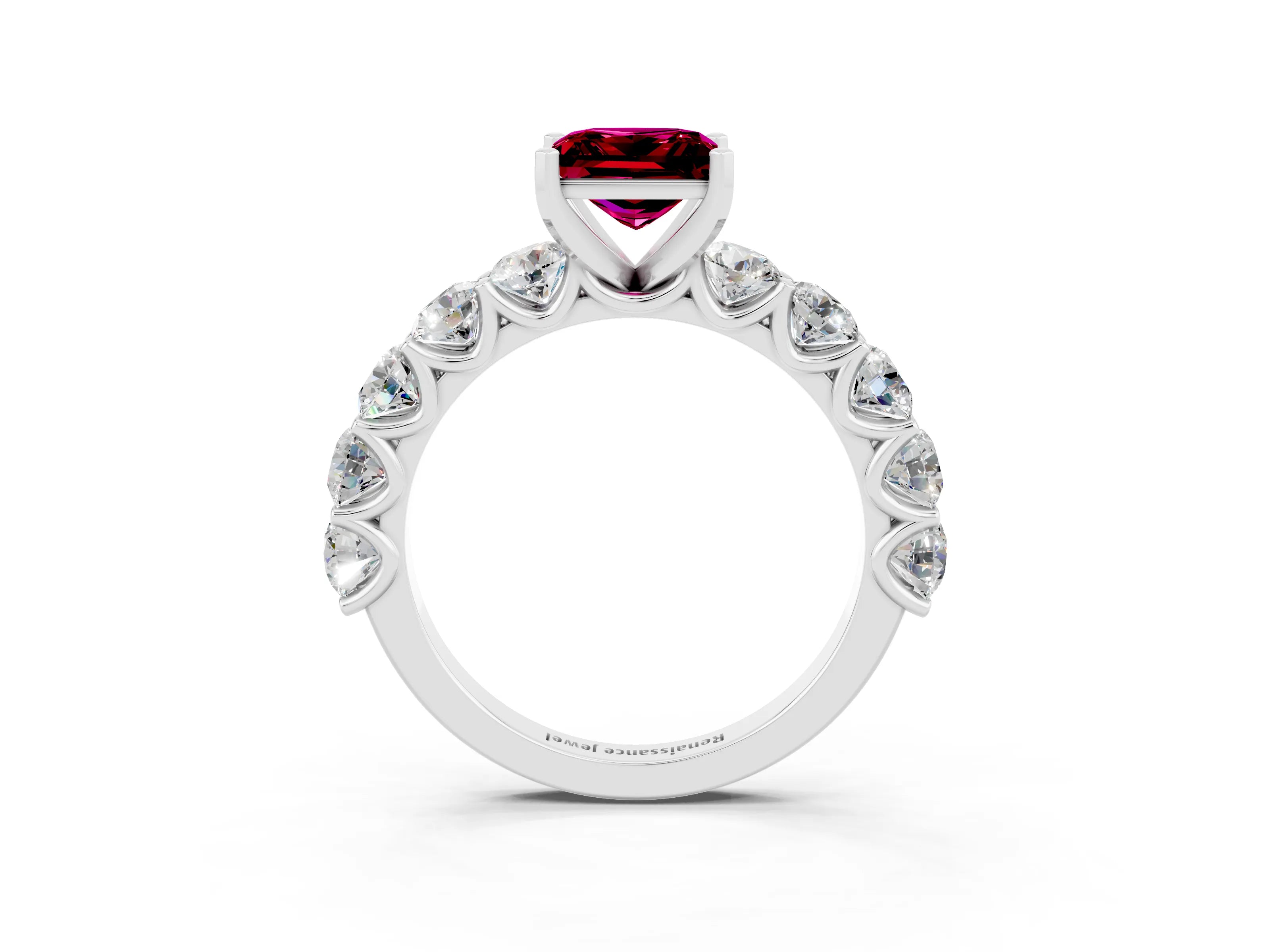White gold Princess Cut Garnet Prong Setting with Side Stones on a Pave Band_3