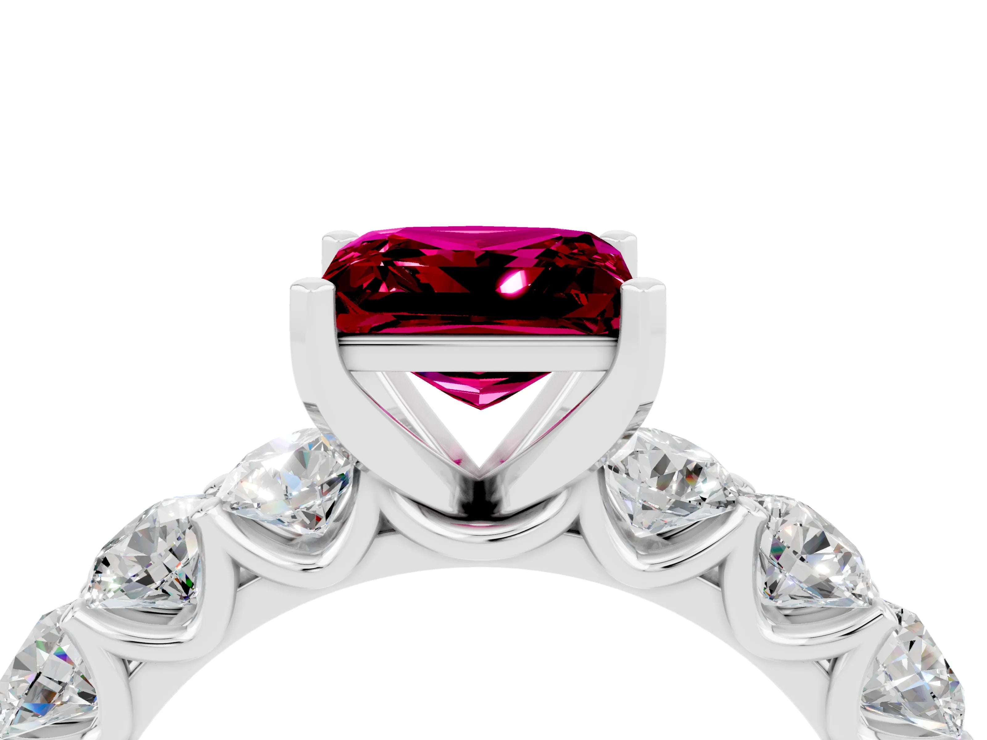 White gold Princess Cut Garnet Prong Setting with Side Stones on a Pave Band_4