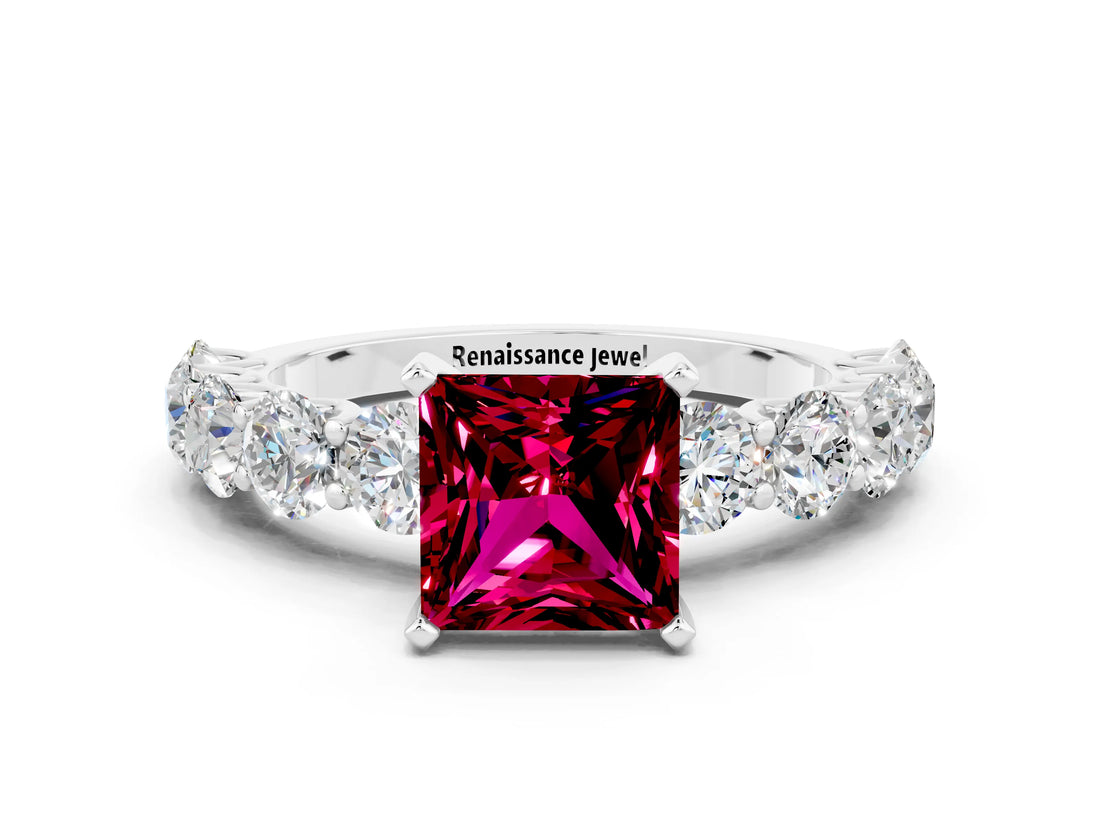 White gold Princess Cut Garnet Prong Setting with Side Stones on a Pave Band