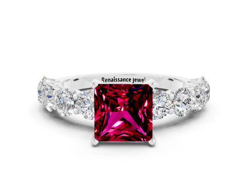 White gold Princess Cut Garnet Prong Setting with Side Stones on a Pave Band