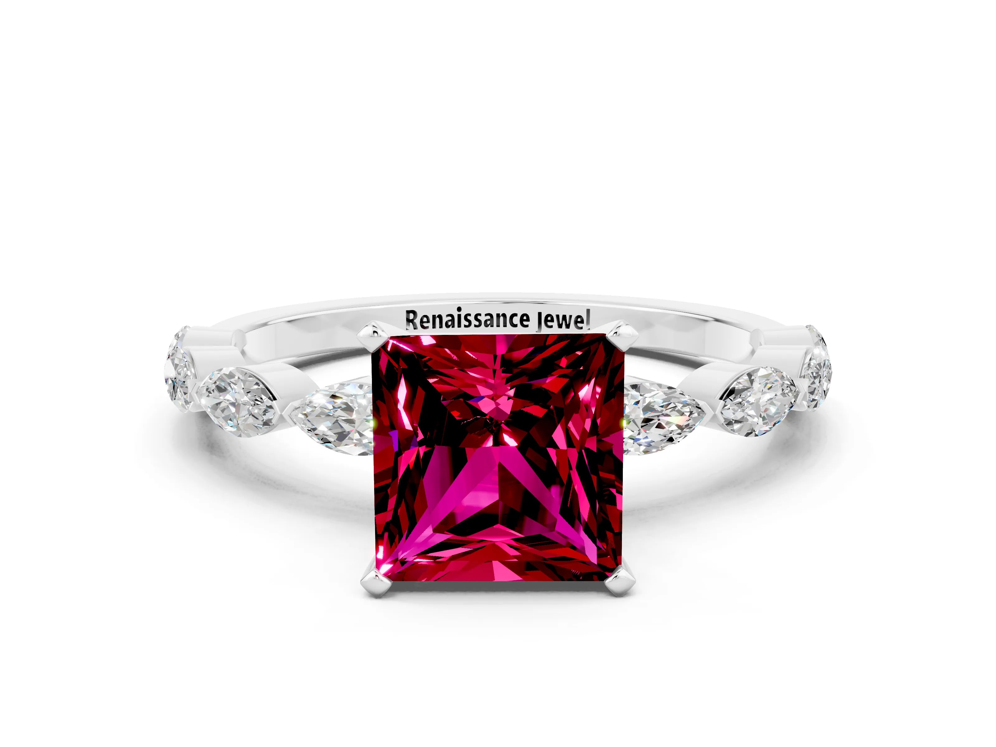 White gold Princess Cut Garnet Ring with Marquise Side Stones and Prong Setting