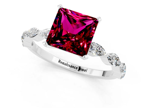 White gold Princess Cut Garnet Ring with Marquise Side Stones and Prong Setting_1