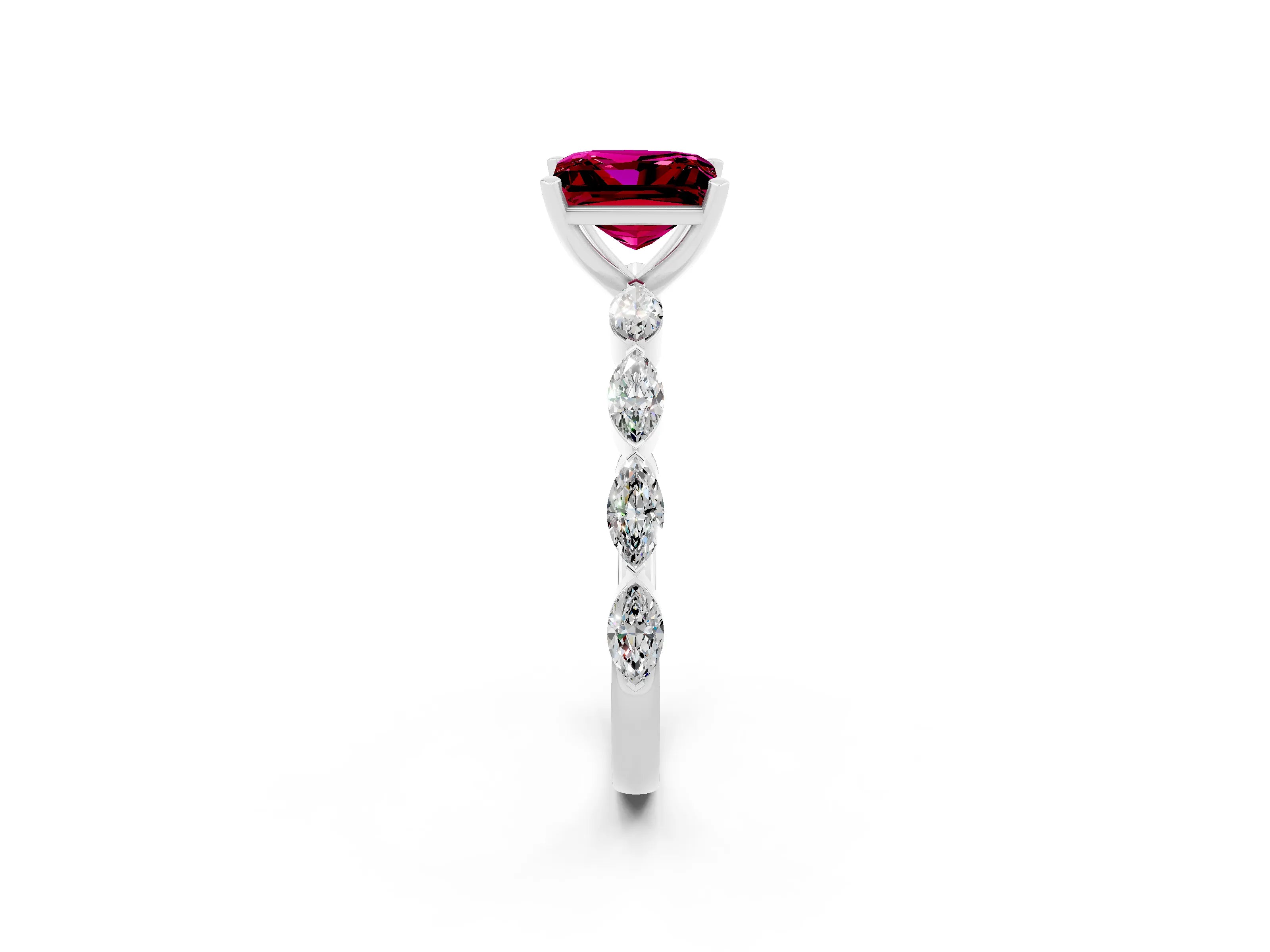 White gold Princess Cut Garnet Ring with Marquise Side Stones and Prong Setting_2