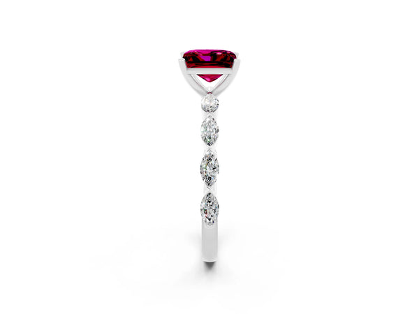 Silver Princess Cut Garnet Ring with Marquise Side Stones and Prong Setting