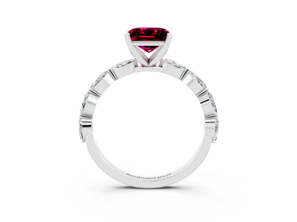 Platinum Princess Cut Garnet Ring with Marquise Side Stones and Prong Setting
