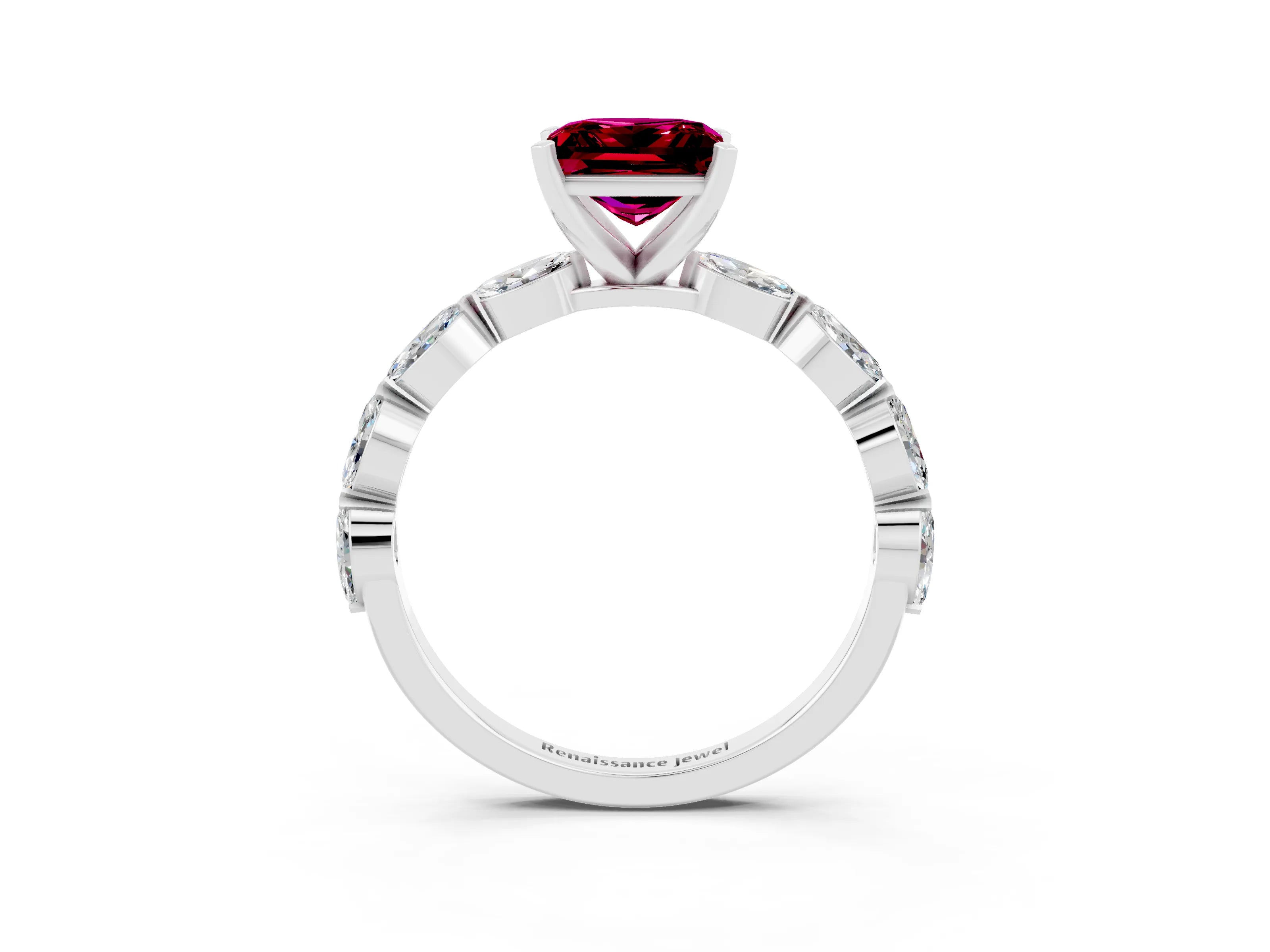 White gold Princess Cut Garnet Ring with Marquise Side Stones and Prong Setting_3