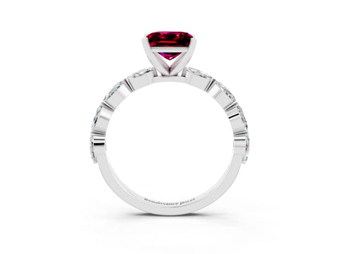 White gold Princess Cut Garnet Ring with Marquise Side Stones and Prong Setting_3